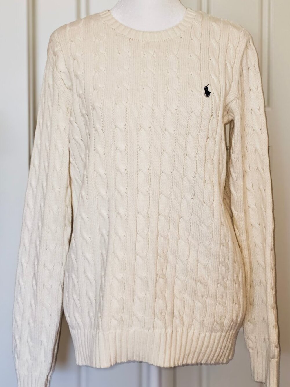 Ralph Lauren Sport Cable Knit Sweater Womens L Cream 100% Cotton Preppy